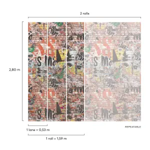 Grandeco Graffiti Wall 3 panel repeatable Textured Mural, 2.8 x 1.59m