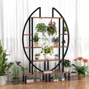 2Pcs 6 Tier Rustic Brown Crescent Wood Plant Stand Display Shelf with 4 Casters 146cm (H)