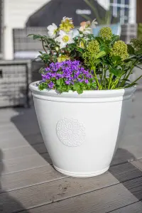 Pot Planter Indoor or Outdoor Lightweight Recycled Plastic Garden Small Eden Emblem Plant Pot -  L40 x W40 x H30 cm - White