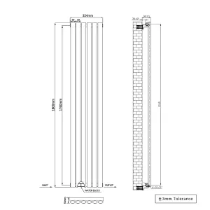 Right Radiators 1800x354mm Vertical Single Oval Column Designer Radiator Black