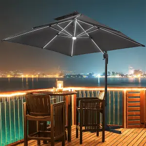 Dark Grey Outdoor Large Square Tilting Canopy LED Cantilever Parasol with Cross Base 3M