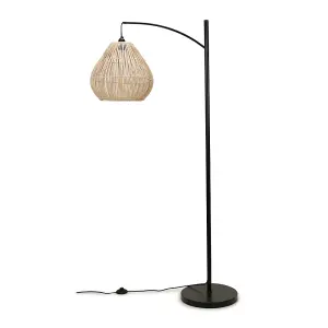 ValueLights Preto Black Metal Curve Stem Floor Lamp with a Natural Wicker Rattan Teardrop Shade