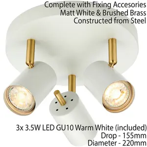 LED Tilting Ceiling Spotlight White & Brass Triple Warm White Kitchen Down Light