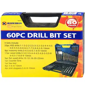 60Pc Drill Bits Set Masonry Hss Wood Flat Counter Sink Hex Key Adaptors Diy Carpenter Workshop With Case