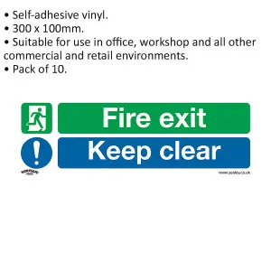 10 Pack of Self-Adhesive Fire Exit Keep Clear Safety Signs - 300x100mm