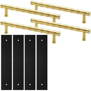 4 PACK - Pull Handle & Contrasting Backplate Set - Modern Bamboo T Bar - Satin Brass & Black