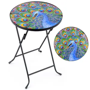 Folding Glass Table Garden Outdoor Patio Decoration Painted Round Top Christow Peacock