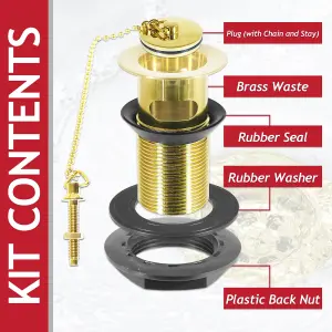 SPARES2GO Sink Basin Waste Luxury Slotted Brass Overflow Plug with Chain and Stay (40mm 1 1/4", Gold Finish)