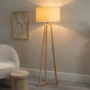 ValueLights Lottie Natural Wood Tripod Floor Lamp with Natural Drum Shade