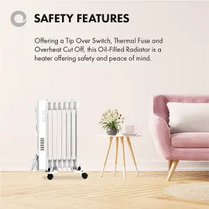 2000W Oil Filled Radiator Portable Fan Heater 5 Fin Timer White