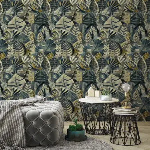 GDUK Watercolour Paradise Jungle Kandake Textured Wallpaper, Charcoal Ochre