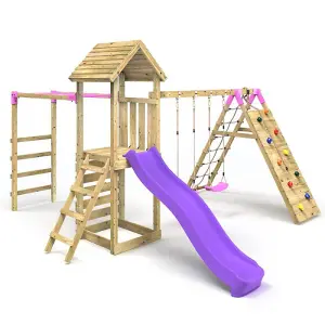 Rebo Wooden Climbing Frame with Swings, Slide, Up & over Climbing wall and Monkey Bars - Dolomite Pink