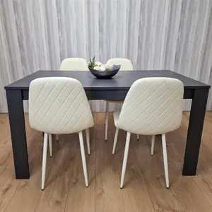 Dining Table and 4 Chairs  Black Dark Grey 4 Leather Cream  Chairs Wood Dining Set Furniture