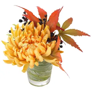 Bloom Artificial Faux Realistic Chrysanthemum Flower Arrangement in Glass Vase - Flower of the Month November - Measures H10cm