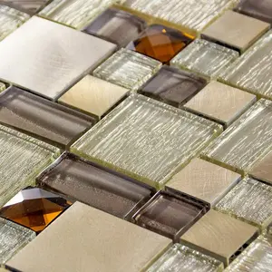 Luxury Brown, Caramel & Beige Glass & Brushed Steel Mosaic Wall Tiles Sheet 8mm