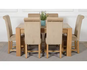 Kuba 150 x 85 cm Chunky Medium Oak Dining Table and 6 Chairs Dining Set with Washington Beige Fabric Chairs