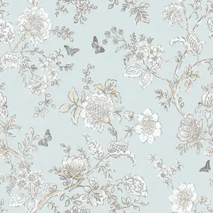 Galerie Homestyle Blue Beige Brown Butterfly Toile Smooth Wallpaper