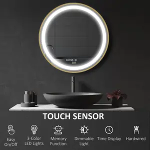 kleankin Wall Mounted LED Bathroom Mirror with 3 Light Colours Time Display Gold