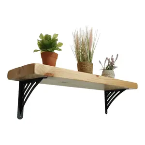 Solid Wood Handmade Rustical Shelf Primed 225mm 9 inch with Black Metal Bracket WAT Length of 40cm