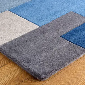 Handmade Luxurious Modern Geometric Easy to Clean Blue Wool Rug for Living Room & Bedroom-160cm X 230cm