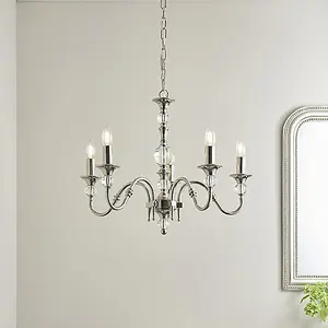 Luminosa Polina 5 Light Multi Arm Ceiling Pendant Chandelier Polished Nickel, Clear Crystal, E14