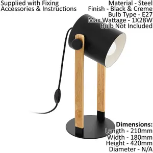 2 PACK Table Lamp Desk Light Black & Creme Shade Wood Base 1x 28W E27