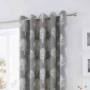 Woodland Trees Motif 100% Cotton Ready to Hang Eyelet Curtains