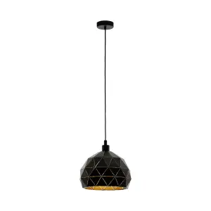 Pendant Ceiling Light Colour Black Faceted Outer Gold Inner Shade Bulb E27 1x60W