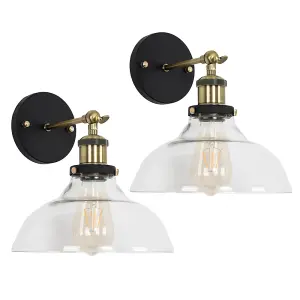 ValueLights Wallace Pair of Industrial Black and Gold Wall Light Fittings with Clear Glass Light Shades