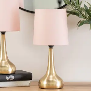 Pair - Brushed Gold Teardrop Touch Dimmer Table Lamps with Blush Pink Shade Bedside Light - LED Bulbs Included