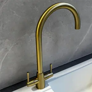 Liquida LU409BR Monobloc Swan Neck Twin Lever Brushed Brass Kitchen Mixer Tap