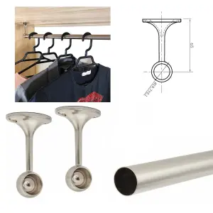 Suspended Round Wardrobe Rail Hanging Tube Pipe 1100mm Brushed Chrome Set with End Brackets