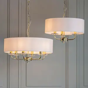 Multi Light Ceiling Pendant 6 Bulb BRASS & WHITE Chandelier Large Shade Lamp