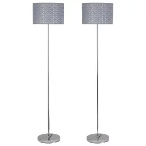 First Choice Lighting Set of 2 Chrome Stick Floor Lamps with Grey Laser Cut Shades