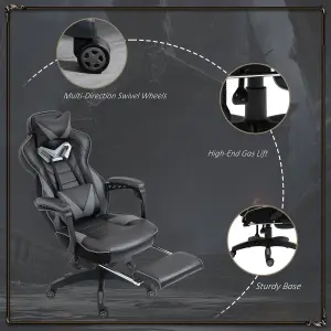 Vinsetto Gaming Chair Ergonomic Reclining Manual Footrest Wheels Stylish Grey