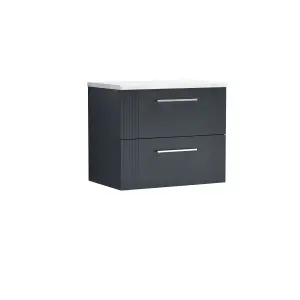 Retro 2 Drawer Wall Hung Vanity Unit with Sparkling White Laminate Worktop - 600mm - Satin Soft Black - Balterley