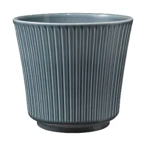 Ceramic Grooved Plant Pot. Blue Grey Shade, Shiny Finish. Suitable For Indoor Use. No Drainage Holes. H15 x W17 cm