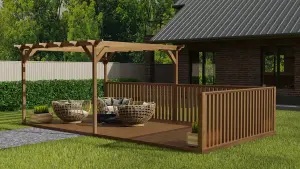 Rectangular pergola and decking kit with balustrade V.7, 3m x 4.2m, Rustic brown finish