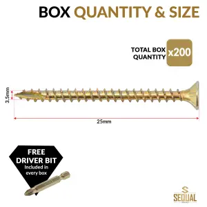 SEQUAL Hyper Drive Wood Screws, Self Countersinking Head, With Knurled Thread, M3.5x25mm(Box of 200)