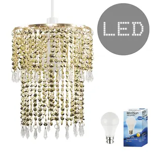 ValueLights Gold Ceiling Pendant Droplets Shade and B22 GLS LED 10W Warm White 3000K Bulb