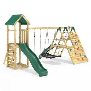 Rebo Wooden Climbing Frame with Swings, 6+8FT Slides & Climbing Wall - San Luis