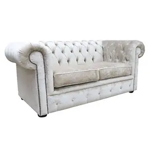 Chesterfield 2 Seater Sofa Settee Pastiche Linen Cream Velvet Fabric In Classic Style