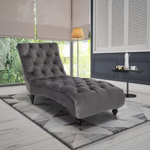 Chaise Lounge in Velvet Dark Grey Chesterfield