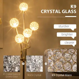 HOMCOM Modern Floor Lamp w/ K9 Crystal Shade, 5 Light, for Living Room, Gold