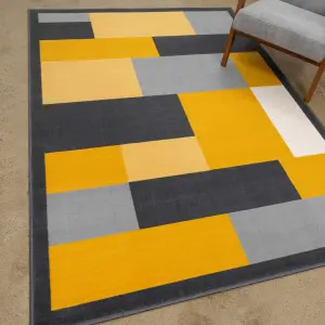 Ochre Grey Block Geometric Living Room Rug 190x280cm