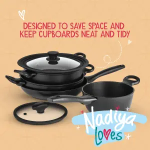 Prestige Nadiya Black Round Aluminium Induction Suitable Dishwasher Safe Non-Stick Cookware Set Pack of 4