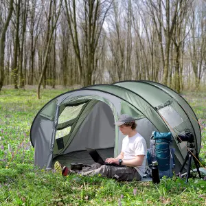 Outsunny Camping Tent Dome Pop-up Tent with Windows for 4-5 Person Dark Green