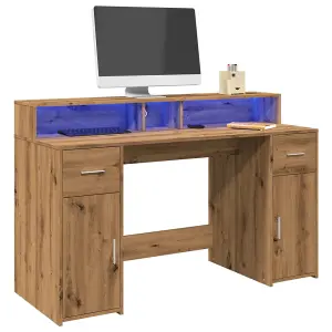 Berkfield Desk with LED Lights Artisian Oak 140x55x91 cm Engineered Wood