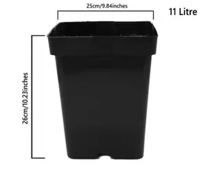 Square Plant Pot Strong Black Plastic Hydroponic Pots 11 Litres x 50 Pots