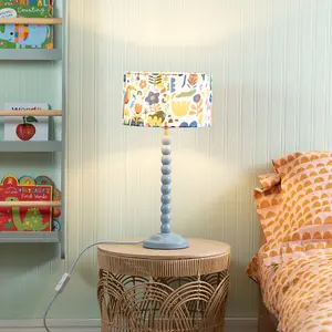 Powder Blue Bobbin Stem Table Lamp with Jungle Drum Shade for Living Room Bedroom - LED Bulb Included